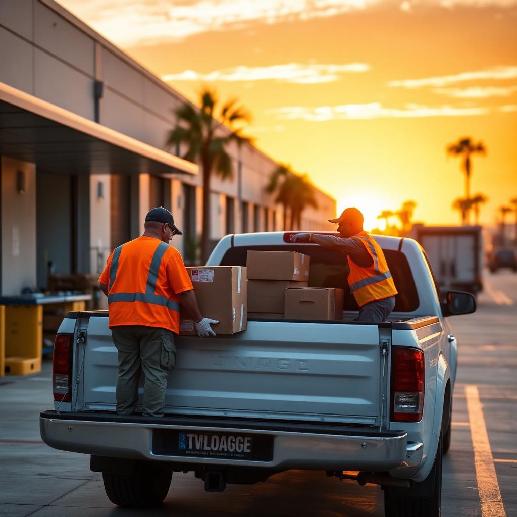 Trabajadores cargando cajas en una camioneta blanca al atardecer